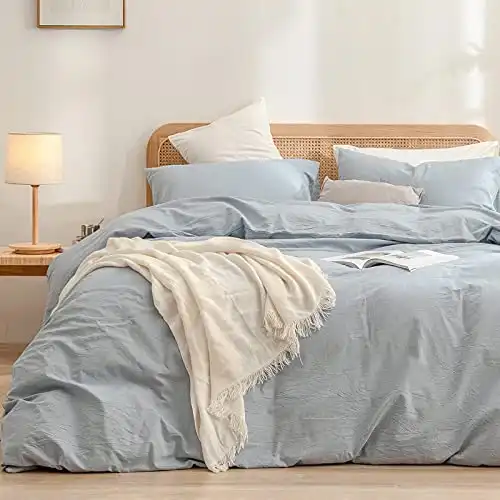BESTOUCH Duvet Cover Set 100% Washed Cotton Linen Feel Super Soft Comfortable Chic Lightweight 3 PCs Home Bedding Set Solid Cornflower Blue Full/Double