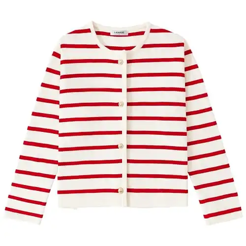LATAHUO Women's Striped Cardigan Sweater Trendy Long Sleeve Button Down Crewneck Knit Cardigans(Red+White, XX-Large)