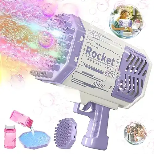 SDQQQBIU 69 Holes Bazooka Bubble Gun Machine, Bubble Machine Gun with Colorful Lights, Rocket Boom Bubble Blower for Adults Kids, Bubble Maker Toys for Party Wedding Birthday Gift (69 Holes-Purple)