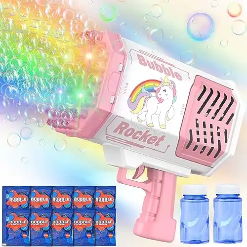 Bubble Gun, 69 Holes Bubble Machine Gun with Colorful Lights/Bubble Solution Bubble Machine for Kids Adults Ideal Bubble Maker Toys Gift for Birthday, Wedding, Party, Indoor Outdoor Play (Pink)