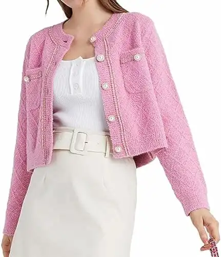 URBAN REVIVO Women's Casual Cardigans Open Front Chunky Short Cardigan Pearl Button Long Sleeved Cropped Sweater Outwear Pink, Large