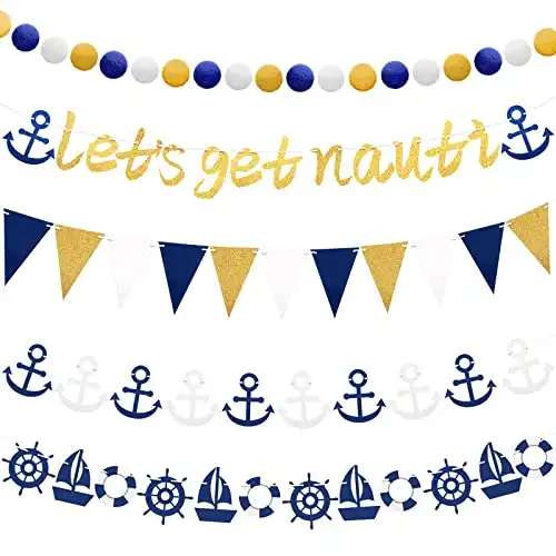 5 Pieces Let's Get Nauti Gold Glitter Banner Cruise Bachelorette Party Decorations Nautical Theme Party Supplies Blue Anchor Cruise Banner for Room Birthday Nautical Sailor Bachelorette Party Dec...