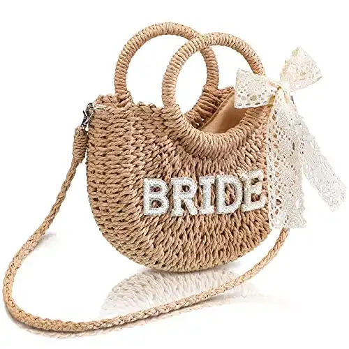 Bride Gift Bride Straw Purse Mrs Handwoven Bag Rhinestone Letter Bag Bachelorette Party Honeymoon Wedding Bridal Shower Gift (BRIDE)