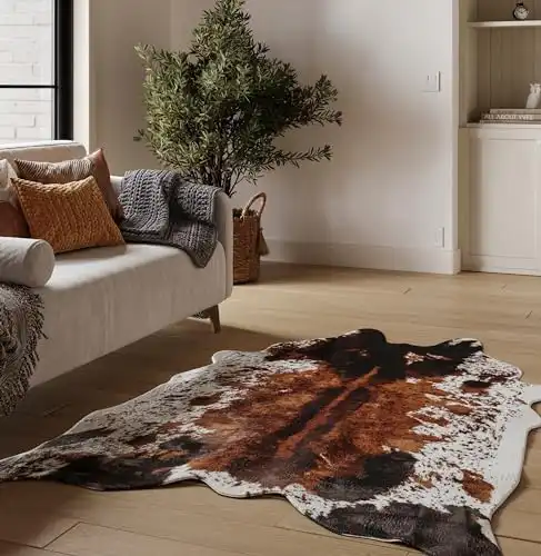 NativeSkins Faux Cowhide Rug (4.3 ft x 5.7 ft) – Original Brown Mix (Medium) - Cow Print Area Rug with Faux Suede No-Slip Backing, Cow Print Rug, Animal Hide Rugs, Cowhide Rugs for Living Room