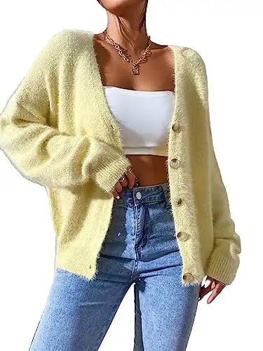 MakeMeChic Women's Solid Fuzzy Knit Cardigan Long Sleeve V Neck Button Down Cardigan Sweater Yellow S