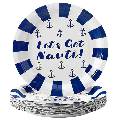 Sliner 36 Pieces Nautical Bachelorette Party Decorations Let's Get Nauti Paper Plates 9 Inches Disposable Blue White Nautical Plates Anchor Paper Plates for Bachelorette Wedding Birthday Tablewar...