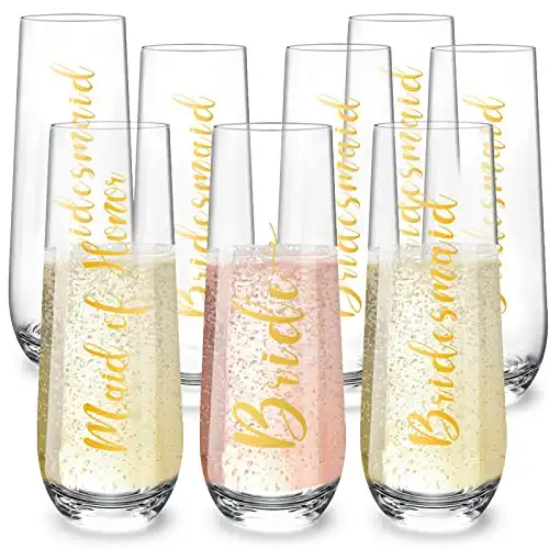 Qooenz Bridesmaids Champagne Flutes Set of 8-9.3oz Champagne Glasses for Bride Bridesmaids Maid of Honor - Mimosa Cocktail Glasses - Proposal Gifts for Bridal Shower Bachelorette Party Wedding