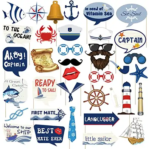36 Pieces Nautical Photo Booth Props, Sailor Birthday Party Supplies, Cruise Anchor Sailboat Yacht Photography Props for Girls Boys Party Decorations