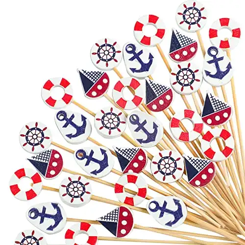 Funtery Nautical Cocktail Pick Bachelorette Party Decoration Bamboo Appetizer Toothpick Cocktail Sailing Food Fruit Cake Pick Sea Sailboat for Nautical Birthday Summer Beach Party Favor(100 Pcs)