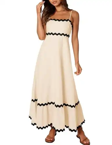 ZESICA Women's 2024 Summer Spaghetti Straps Sleeveless Backless Sundress Flowy Smocked Lace Swing A Line Midi Dress,Apricot,Small