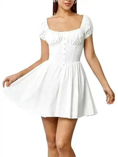 JKMNAO Women's 2024 Summer Square Neck Corset Causal A Line Dress Short Sleeve Flowy Swing Mini Ruffle Dresses White