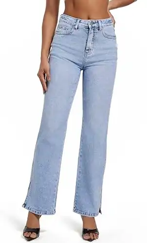 ETTELO Womens Jeans Hig Waisted Straight Leg Loose Stretchy Tummy Control Trendy Side Slit Jeans for Women 2024 Light Blue