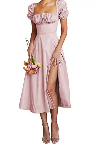 Women's Floral Cottagecore Dress Square Neck Side Slit Flowy A Line Maxi Dresses Solid Pink Small