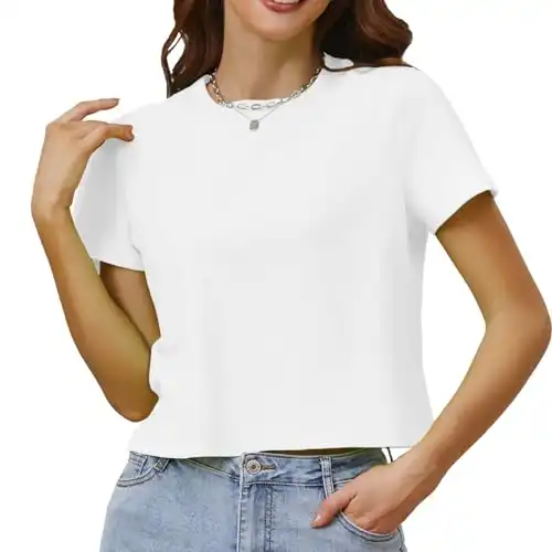 Gemgru Cotton T Shirts for Women Loose Fit Casual Crewneck Basic Tee Tshirts Short Sleeve Crop Workout Tops(White,Small)