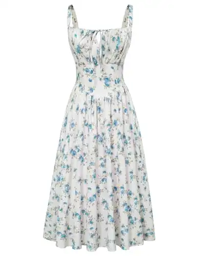 Floral Corset Dress Women Ruched Bust Summer Victorian Flowy Dress Blue XL