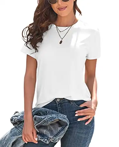 KevaMolly Basic White T Shirts for Women UPF 50+ Short Sleeve Casual Solid Summer Tops Trendy Solid Loose Fit TShirt S