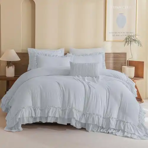 Masaca Ruffled Comforter Set for Queen Bed,3 Pieces Vintage Farmhouse Shabby Bedding Set Lightweight Ultra Soft French Country Bedding (1 Cornflower Blue Comforter +2 Pillowcases)