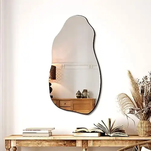 TRAHOME Irregular Asymmetrical Wall Mirror for Living Room Bathroom Entryway, Modern Decorative Mirror Hanging (Hook Style, 31.5'' x 17.7'')