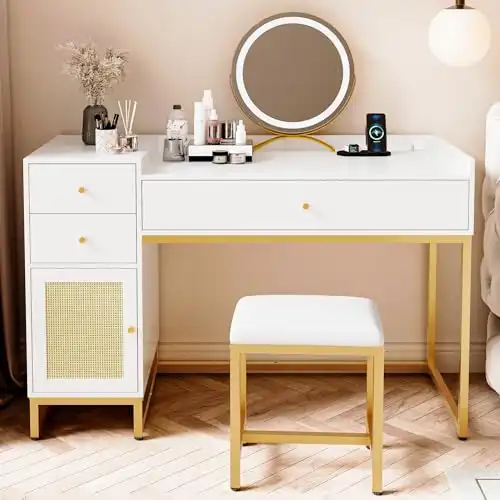 AWQM White Makeup Vanity Desk with Stools,Rattan Vanity Table Set with Power Outlet,Makeup Table Dressing Table with Drawers & Cabinet, Small Vanity Table for Bedroom with Storage,Without Mirror