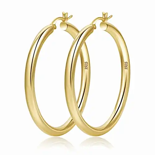 4mm Thick Gold Chunky Earrings Steling Silver Post Hoops Earrings For Women Hollow Tube Hoops Earrings Thick Gold Hoop Earrings Hypoallergenic Lightweight Gold Hoop Large Earrings