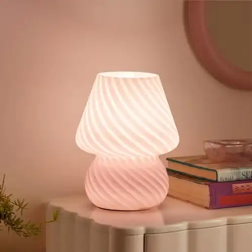 ONEWISH Mushroom Lamp-Small Bedside Table Lamp with Striped Glass, Nightstand Lamp for Bedroom, Living Room, Cafe, Bulb Included, Home decor for Girls Women Birthday Christmas Thanksgiving Day, Pink