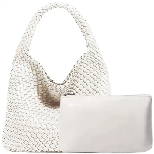 Women Vegan Leather Hand-Woven Tote Handbag Fashion Shoulder Top-handle Bag All-Match Underarm Bag with Purse (Creamy white)