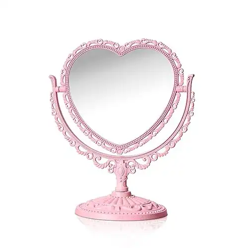 QEEYON Pink Heart Vanity Mirror 360 Degree Swivel Makeup Mirror Aesthetic Mirror Double Sided Table Desk Countertop Mirror Stand Cosmetic Mirror Dresser Bathroom Bedroom Mirror for Women Girls