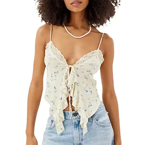 RUEWEY Women's Summer Tie Up Camisole Tops Lace Sleeveless V Neck Irregular Ruffle Bustier Tops Crop Tops (A-Milky White, M)