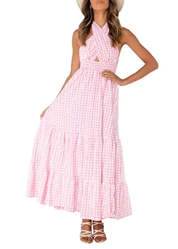 ZESICA Women's 2024 Summer Crossover Halter Neck Sleeveless Plaid Cut Out Backless Flowy A Line Maxi Dress,Pink,Medium