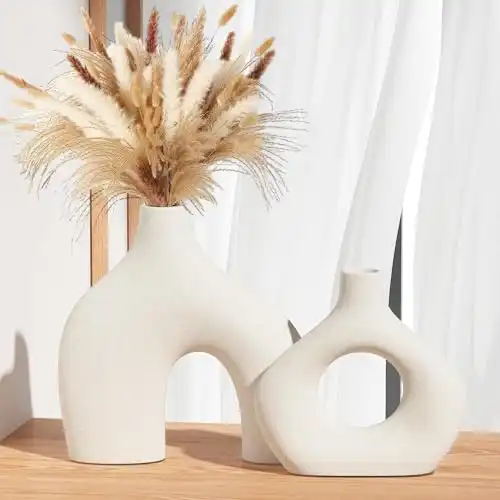 Zormon White Ceramic Vase Set of 2, Pampas Grass Vases for Home Decor, Round Matte Boho Vases for Flowers, Nordic Minimalism Style vase for Living Room Bedroom Shelf Decor