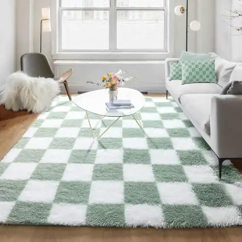 KICMOR Living Room Rugs 5x8 Sage Green and White, Large Fluffy Furry Shaggy Fuzzy Checkered Area Rug Bedroom Big Carpet, Shag Plush Soft Nursery Rug Cozy Room Decor for Teen Toddler Kids Baby Boys
