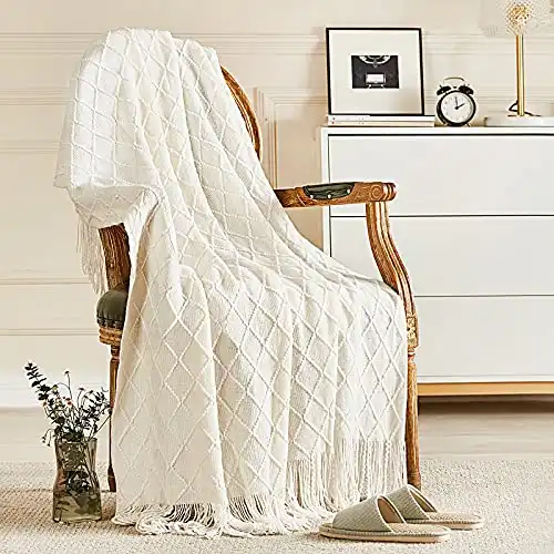 inhand Knitted Throw Blankets for Couch and Bed, Soft Cozy Knit Blanket with Tassel, Off White Lightweight Decorative Blankets and Throws, Farmhouse Warm Woven Blanket for Men and Women, 60