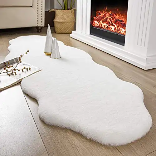 Ashler Faux Rabbit Fur Rug, White 2x6 ft Soft Fluffy Faux Fur Runner Rug, Shaggy Area Rug for Bedroom, Living Room, Machine Washable Nursery Rug