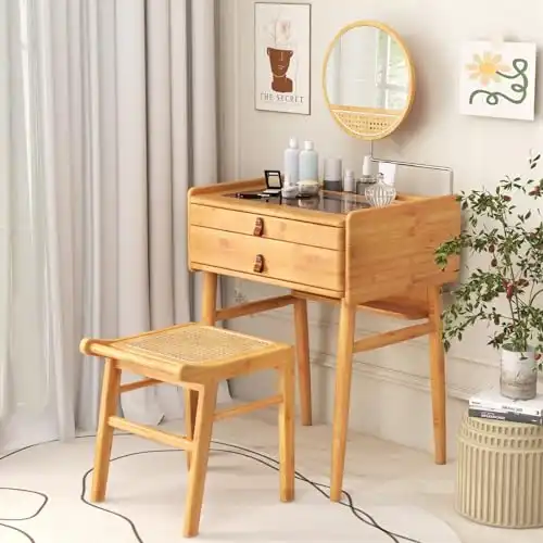 GOFLAME Bamboo Vanity Table Set with Adjustable Mirror, Dressing Table and Stool Set with Tempered Glass Tabletop and 2 Storage Drawers, Makeup Vanity Table Set for Bedroom, Dressing Room