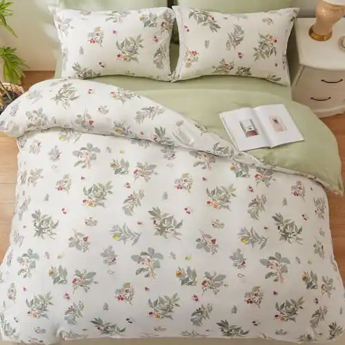 EMME Queen Comforter Set - Sage Green Floral Comforter Set with Flowers Leaves Pattern, 7 PCS, Soft Plant Printed Botanical Bedding Sets with Sheets for All Season(90