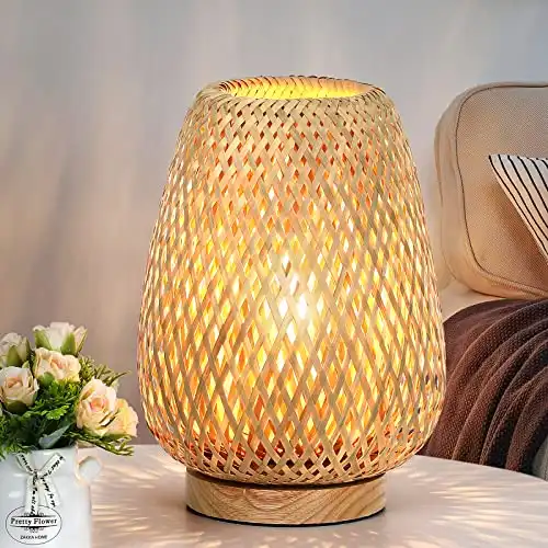 Rattan Table Lamp, Stepless Dimmable Small Beside Lamp, Vintage Wicker Wooden Nightstand Lamp, Boho Bamboo Woven End Table Lamp for Bedroom Living Room Desk Kids Room, 2700K T45 LED Bulb Included