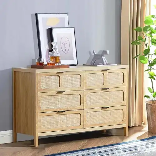 LEVNARY 6 Drawer Dresser for Bedroom, Rattan Dresser Drawer Organizer with Metal Handles, Accent Wood Chest of Drawers for Entryway, Closet, Living Room, Hallway, Nursery (Oak)