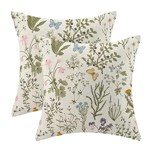 AEIOAE Spring Pillow Covers 16x16 Inch Set of 2,Sage Green Wild Flower Plant Throw Pillows Case,Seasonal Floral Outdoor Decorative Square Linen Farmhouse Decor Cushion Covers for Home Sofa Bed Couch