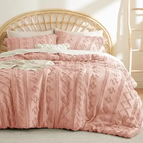 Bedsure Tufted Boho Comforter Set Full - Pink Boho Bedding Comforter Set, 3 Pieces Farmhouse Shabby Chic Embroidery Bed Set, Soft Jacquard Comforter for All Seasons