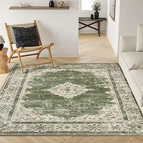 Valenrug Washable Rug 5x7 - Ultra Thin Green Collection Area Rug, Stain Resistant Non-Skid Rugs for Living Room, Antique Bedroom Rugs(5'x7', TPR40-Green)