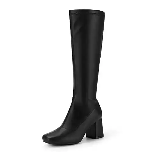 DREAM PAIRS Women's Gogo Boots, Square Toe Chunky Knee High Boots for Women，Fall Long Boots for Disco Cosplay Halloween Outfits, Sdkb2231w, Black/Pu, Size 7.5