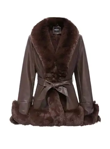 GRAN ORIENTE Faux Leather Jacket for Women with Faux Fur Collar Long Sleeve Fuzzy Parka Overcoat with Warm Trimmed Winter Peplum Coat Belted (GK007 Brown 2XL)