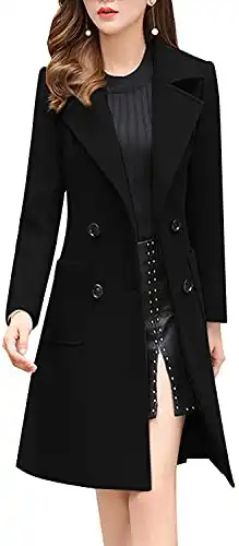 chouyatou Women Elegant Notched Collar Double Breasted Wool Blend Over Coat (Small, Black)