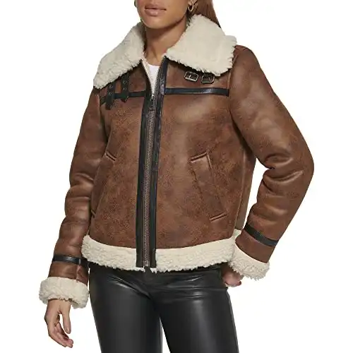 Levi's Women's Rancher Aviator Jacket, Brown Faux Shearling, Medium