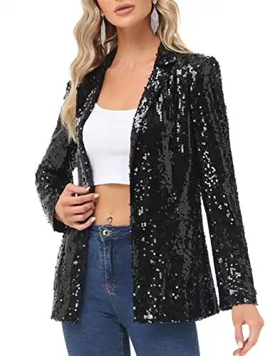 Women Sequin Jackets Long Sleeve Open Front Lapel Collar Glitter Blazer for Evening Party Black M