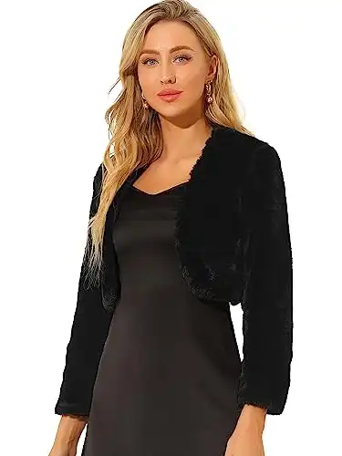 Allegra K Women's Evening Shrug Wedding Gown Fuzzy Formal Faux Fur Bolero Jacket Large Black