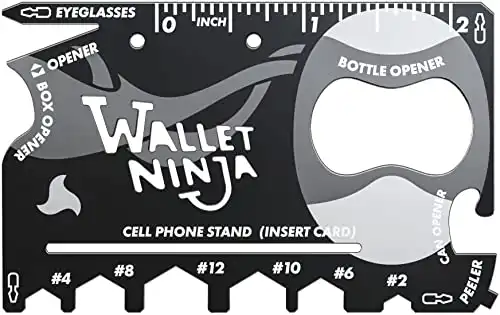 Wallet Ninja Multitool Card 18 in 1 Credit Card Multi-Tool (Bottle Opener, Can Opener, Screwdrivers, Phone Stand & More) Black