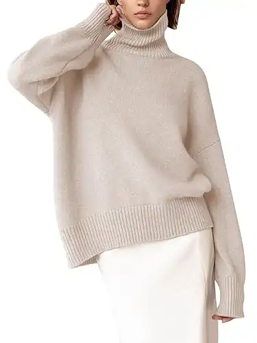 YKR Women's Turtleneck Sweater Chunky Long Sleeve Knitted Pullover High Low Hem Sweater 2023 Fall Winter Sweater Jumper Top Lightbeige M