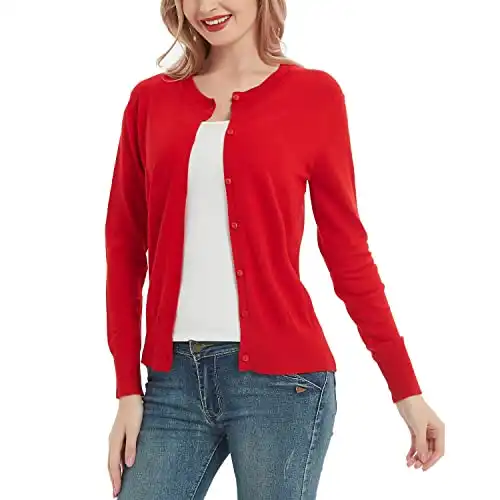 Women's Crew Neck Button Down Long Sleeve Cardigan Sweater Red