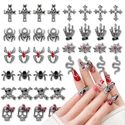 CHANGAR 40 Pcs 3D Halloween Nail Art Charms Vintage Punk Alloy Nail Charms Skull Ghost Bat Spider with Rhinestones Alloy Nail Art Jewelry for Halloween DIY Nail Art Craft Decoration Supplies